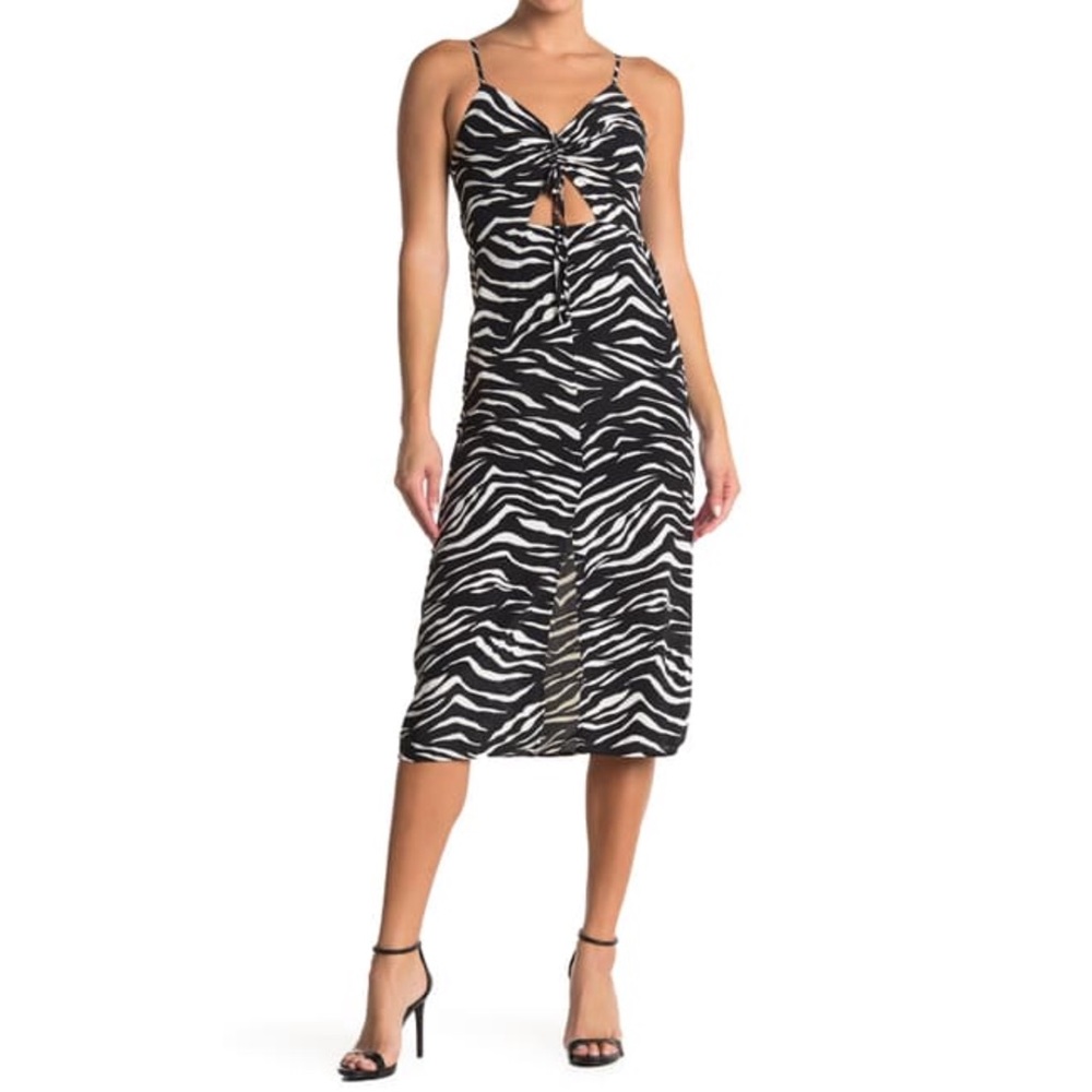 Women’s 2 TOPSHOP Molly Front Cutout Ruched Midi Dress Black White Zebra NWT
